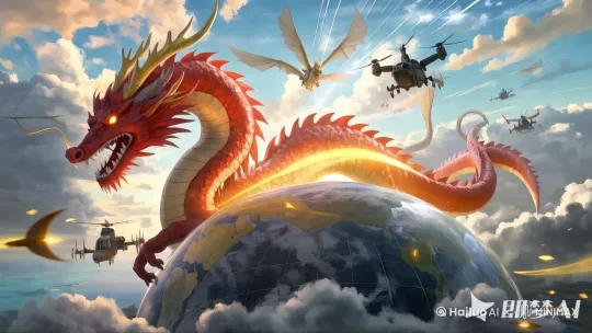 [左移,右摇,跟随]远景，龙盘旋在地球上。[右移,左摇,跟随]运用移镜头，画面跟随中国龙的飞行轨迹，呈现龙盘绕在地球上的运动轨迹，龙的四周是高科技设备环绕。时长 10 秒，画面以湛蓝天空与科技感为主色调，呈现出清新自然的视觉效果。阳光直射，在龙身上形成明亮的轮廓光，凸显其飘逸灵动。[左移,上升]龙盘旋时，周围产生淡淡的白色光芒。[跟随]有龙的呼啸声。 by Hailuo AI Video Generator