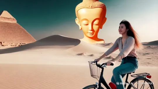 参考角色的这位姑娘，骑着自行车，在广袤的西北沙漠中，远处有金字塔，天空中有一个倒悬的佛头 by Hailuo AI Video Generator