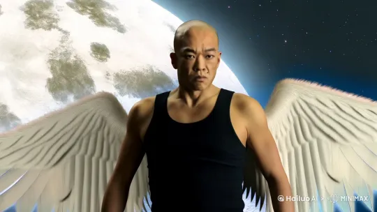 中景镜头，男生身穿黑色背心，在浩瀚无际的太空中飞行，背后是皎洁无比的月球，上面有坑坑挖挖的环形山，男生背上长着一个天使翅膀，在逐渐远离月球，镜头逐渐远离，显示出宇宙的浩瀚 by Hailuo AI Video Generator