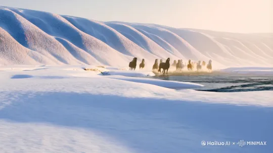 [左移,右摇,跟随][右摇,变焦推进][右移,左摇,跟随]雪地中间一条大河，河两边是雾凇！河水中几十匹黑色的，白色的，枣红色的健壮的马向镜头奔跑，马蹄溅起水花



雪地中间一条大河，河两边是雾凇！河水中几十匹马



创意描述
[左移,右摇,跟随][右摇,变焦推进][右移,左摇,跟随]雪地中间一条大河，河两边是雾凇！河水中几十匹马齐头并进，马蹄溅起水花
T2V-01-Director
启用优化
复制提示词 by Hailuo AI Video Generator