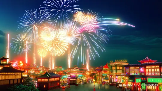 .
询烂的烟花划过夜空：这可能象征着瞬间的美丽与绚烂，烟花在夜空中绽放，通常与庆祝、希望和梦想联系在一起。
2.
视野开阔：这可能指的是一种视觉上的广阔感，让观众感受到一种宽广的视野和无限的可能性。
3.
现实与梦幻结合：这暗示了一种将现实世界与幻想元素相结合的艺术手法，创造出既熟悉又奇异的视觉体验。
4.
风俗画中国朋克：这可能是指将中国传统元素与朋克文化相结合的独特风格。风俗画通常指的是描绘日常生活场景的画作，而朋克则是一种反主流的文化运动，这种结合可能创造出一种既传统又叛逆的艺术风格。
5.
电影照明：在电影制作中，照明是创造氛围和情感的关键手段。这种照明风格可能被借鉴到视觉艺术中，通过光影的运用增强画面的戏剧性和情感表达。
6.
体积照明：这可能指的是通过灯光创造三维空间感的技术，使画面中的对象看起来有体积和深度，增强视觉冲击力。
7.
平面设计：平面设计是视觉传达的重要形式，通过颜色、形状、线条和文字等元素在二维平面上创造视觉效果。
8.
原创艺术：强调艺术作品的独创性和创新性，每一件作品都是艺术家独特的思想和情感表达。
9.
新海诚风格：新海诚是一位著名的日本动画导演，以其精美的画面和对光影运用的独到理解而闻名。他的风格通常指的是清新、唯美的画风，以及对自然景观和情感细腻的描绘。 by Hailuo AI Video Generator