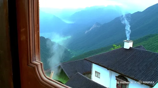 《归乡》

（淡入，航拍镜头掠过青灰色山峦，山坳处白墙黑瓦的老宅升起袅袅炊烟）

（推近至雕花木窗，窗内蒸腾的热气在玻璃上晕开，映出母亲系着蓝布围裙的侧影。铁锅与锅铲相击的脆响中，青椒肉丝在油锅里翻腾，豆瓣酱的香气仿佛要穿透屏幕）

（镜头横移，穿过厨房门框。老式牡丹牌电视机正在播报国际新闻，主持人字正腔圆的声音与厨房的嘈杂形成二重奏。父亲蜷在磨出棉絮的灯芯绒沙发里，紫砂壶嘴的白烟与他指间的红梅牌香烟纠缠上升）

（特写布满茶垢的茶杯，褐色的茶水微微晃动。烟灰缸里斜躺着三支烟蒂，其中一支还残留着暗红的火星。新闻联播片头曲突然响起，惊起窗外竹梢的麻雀）

（慢镜头摇向餐桌，夕阳把糖醋排骨淋成琥珀色。母亲解围裙的褶皱里抖落三十年光阴，父亲摁灭烟头的动作与二十年前送别时如出一辙）

（渐暗，最后的光斑停留在墙上的全家福，相框边缘凝结着经年的油渍）

（黑屏，砂锅揭盖的闷响与新闻结束的整点报时同时抵达） by Hailuo AI Video Generator