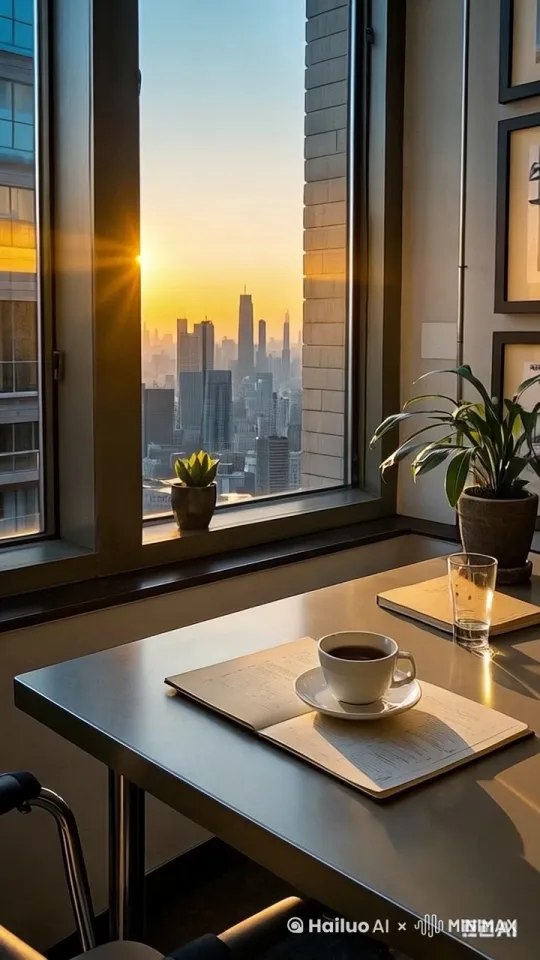 早起不是惩罚，是给未来多一份从容🌞  
   今日份努力，终将成为升职的阶梯✨"  
   **设计**：城市日出剪影+办公室窗户透进阳光，桌上有咖啡和日程本，色调以金色/浅蓝为主。 by Hailuo AI Video Generator
