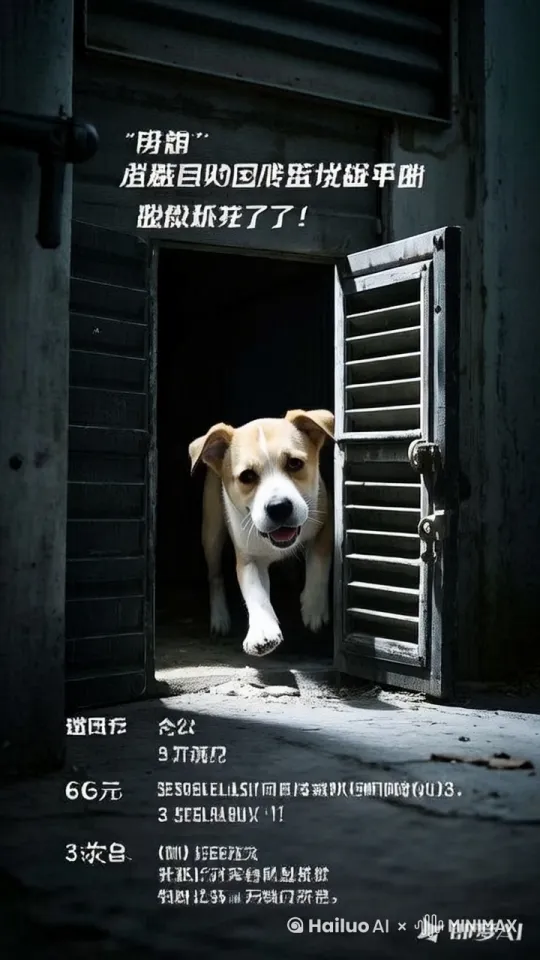表格
镜号 景别 画面 台词 时长 音效
1 中景 小狗被关在废弃仓库,四周黑暗,拼命扒拉门,门却被锁住 救命,我被困住了! 5s 小狗焦急的叫声,扒门声
2 近景 小狗发现角落有个通风口,眼睛发亮,迅速跑过去 有办法了! 3s 急促的脚步声
3 特写 小狗努力钻进通风口,在管道里艰难爬行,最终从另一边钻出,重获自由 我出来啦! 7s 小狗的喘气声,钻出管道的摩擦声 by Hailuo AI Video Generator