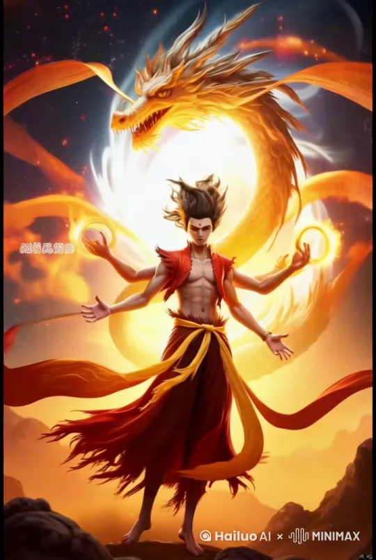 全景动态, 三头六臂男子[肌肉上身/红色无袖上衣/暗红长袍/黄色丝带], 
动作序列: 
1. 左臂结天罡印[掌心金色光环扩散/喉部紧绷高喊"破！"] + 
   右臂舞火尖枪[枪尖火星形成龙形气浪] + 
   中臂螺旋托举[长袍呈气浪翻飞状]
2. 腾空后仰放射状[六臂展开/腰部丝带灵蛇缠绕], 
   中头怒吼"万象归元！"[怒目圆睁] + 两侧头颅默念咒文, 
   神龙盘旋升腾[龙尾扫出星空碎片/云雾环状冲击波], 
特效层: 
   - 粒子系统[晶状星尘+火焰拖尾] 
   - 动态模糊[等级7]+能量辉光[金色/橙色]
背景: 漩涡星云+发光云雾+山脉剪影, 
风格: 神话战斗[电影级质感/高动态张力] by Hailuo AI Video Generator