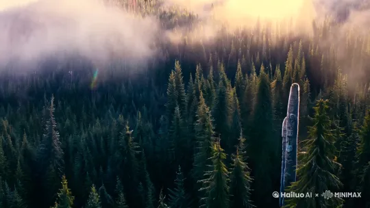 空镜：航拍晨雾中的原始针叶林，灰蓝雾霭在墨绿林冠间流淌，针状叶片凝结的冰晶折射出细碎彩虹。镜头缓推至林间空地，古老桦树皮上浮现褪色的萨满图腾。 by Hailuo AI Video Generator