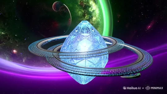 环境基调：
悬浮在紫红色星云漩涡中的巨型人工天体，由七个交错的钛金圆环组成戴森环结构，中央悬浮着直径三公里的十二面晶体能量核心，每个切面折射出不同维度的星空投影。背景中扭曲的引力透镜效应让银河系呈现出被拉长的翡翠色光弧。

主体建筑群：

能量中继塔： 数百座倒金字塔型建筑倒悬于上层圆环，塔尖向下发射靛蓝色等离子流，在距核心500米处形成动态能量网，每次脉冲都会在网眼处生成短暂存在的量子玫瑰状光爆。

观测回廊： 环绕核心的透明管道内流淌着液态光物质，穿着光子宇航服的研究员行走时会在身后拖曳出彗星般的粒子尾迹，他们的手势操作引发空气中涟漪状的全息控制界面。

防御矩阵： 外层环带表面布满六边形蜂巢结构，每个单元内沉睡的机械守卫露出部分银白色关节，表面流动着类似神经网络的幽绿光路，警戒模式启动时会组合成千米高的光翼形态。

动态元素：

能量核心每隔113秒进行维度跃迁，晶体内部浮现出类似远古外星文明的符号海啸，这些金色符文化作实体化的信息洪流，沿着中继塔的光束螺旋上升。

圆环阴影区不时闪现出半透明的星际商队投影，装载反物质集装箱的蜉蝣舰穿梭时留下彩虹马赫环，与巡逻的菱形无人机群形成动态构图。

大气中悬浮着智慧尘埃构成的导航云，根据靠近物体的质量改变形状，时而聚合成箭头，时而散作星图谱。

光影特效：

主光源来自核心的脉冲式冷白光，每次闪烁都会在金属表面留下1.3秒的残像轨迹

环境光包含两种冲突色温：量子隧道的钴蓝辉光与反物质储存罐的琥珀色警示灯

金属材质呈现「记忆效应」，被触碰过的区域会保留24秒的流体金属质感变化

特殊视角建议：
从某个研究员头盔反射镜头切入，倒影中展现核心结构全景，随后镜头穿过虹膜认证时的生物扫描光栅（呈现网格状透视效果），最终推近到能量核心内部揭示多重宇宙投影。 by Hailuo AI Video Generator