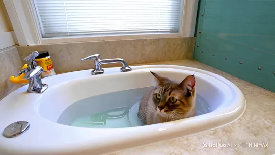 1.
开场：猫咪好奇地观察洗澡盆。
2.
洗澡过程：猫咪被放入水中，开始有些抗拒，但逐渐适应。
3.
互动：用玩具吸引猫咪的注意力，猫咪试图抓住玩具。
4.
结束：猫咪被毛巾包裹，舔舐自己的毛发。[左移,右摇,跟随] by Hailuo AI Video Generator