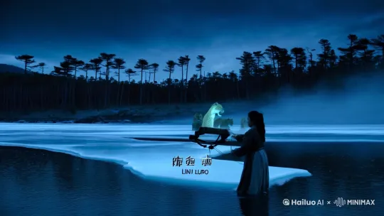 【第四幕：星霜絮语】 • 终极画面：午夜蓝调时刻，林珞将兽夹沉入冰河。对岸山脊线浮现豹群剪影，头豹发出穿透雾霭的长啸，引发松涛的次声波震动。 • 道具闭环：沉入河底的兽夹与漂浮的靛蓝布条形成十字交叉，河面倒影扭曲成萨满图腾 • 镜头语言：360度环绕镜头中，红外相机记录下豹群护送伤豹远去的热成像轨迹 by Hailuo AI Video Generator