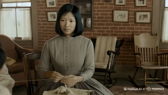 背景是50年代的农村泥瓦房，女主在认真帮小孩缝衣服，五六个小孩在周围嬉戏打闹 by Hailuo AI Video Generator
