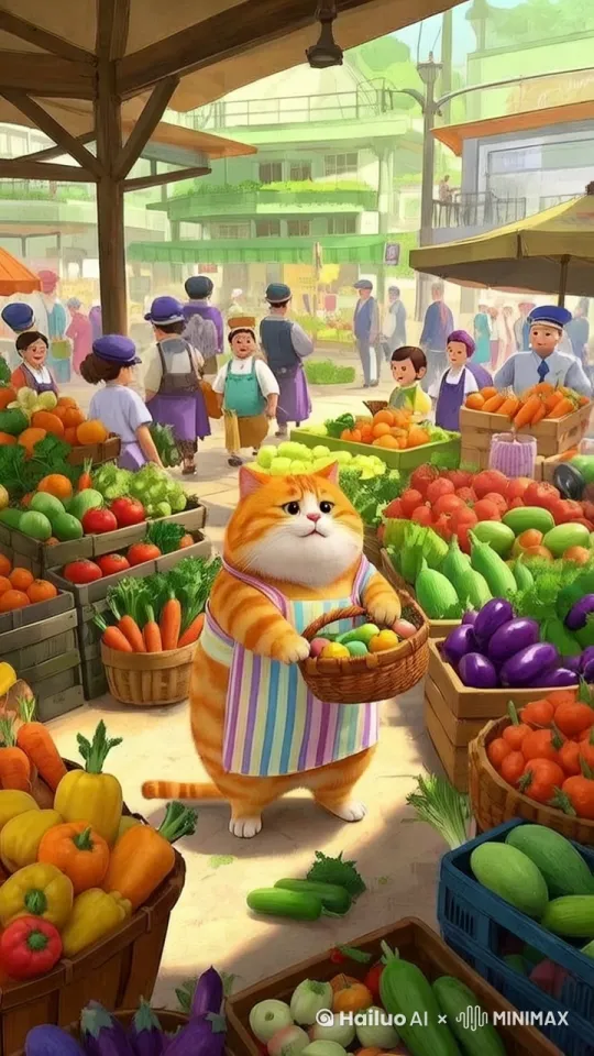 大橘猫以人的动作和形态上街买菜，走过路过。挑选菜市场，偶尔和身边的路人打招呼。 by Hailuo AI Video Generator