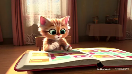 猫宝宝在认真的写作业，猫妈妈在旁边指着书上的字，一边吼，一边辅导作业 by Hailuo AI Video Generator