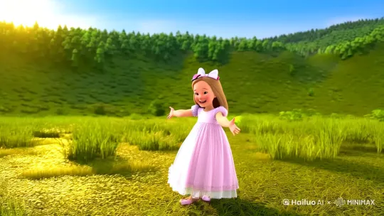 在阳光明媚的大森林里，一位可爱的小姑娘，头戴蝴蝶结，穿着可爱的裙子，张开双臂，像是在拥抱大自然，她大声地呼喊：“春姑娘你好吗？”顿时春姑娘有了回应，小草，小树，正在发芽，小河里的冰融化了，小动物们在森林里快乐的奔跑，小鸟在树枝上叽叽喳喳地叫着。 by Hailuo AI Video Generator