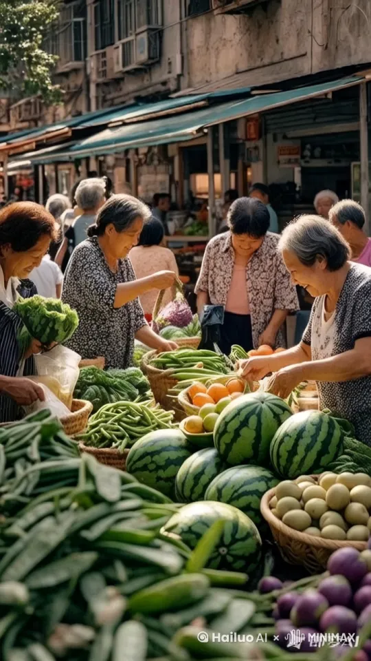 镜头跟拍，超真实动态捕捉。清晰自然，不模糊，高质量。四个大妈从蔬菜水果里面拿出机枪向路人快速扫射，机枪里喷出射击火花，周围火光四射有爆炸。 by Hailuo AI Video Generator