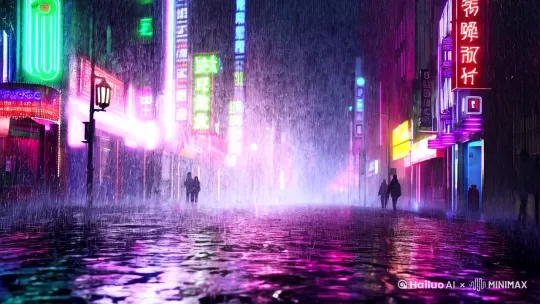 霓虹街道被暴雨笼罩，雨水在镜头前形成密集珠帘，地面倒影扭曲破碎的LED灯牌。

雨丝添加半透明光斑，模拟镜头水雾折射。 by Hailuo AI Video Generator