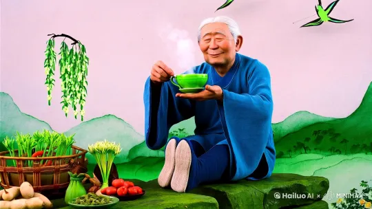 水墨晕染风格，淡雅青绿主色调，宣纸质感，宋代花鸟画构图，工笔与写意结合。画面中央慈祥白发老人身着靛蓝布衣，手持青瓷茶盏（姜枣茶热气袅袅），脚穿棉布鞋踏青石。背景左侧垂柳新芽，右侧山峦淡墨渲染，空中飘舞燕子风筝。前景点缀荠菜竹篮、香椿嫩芽、山药大枣等食材，老人右手轻按足背太冲穴，衣袂随风轻扬。 by Hailuo AI Video Generator