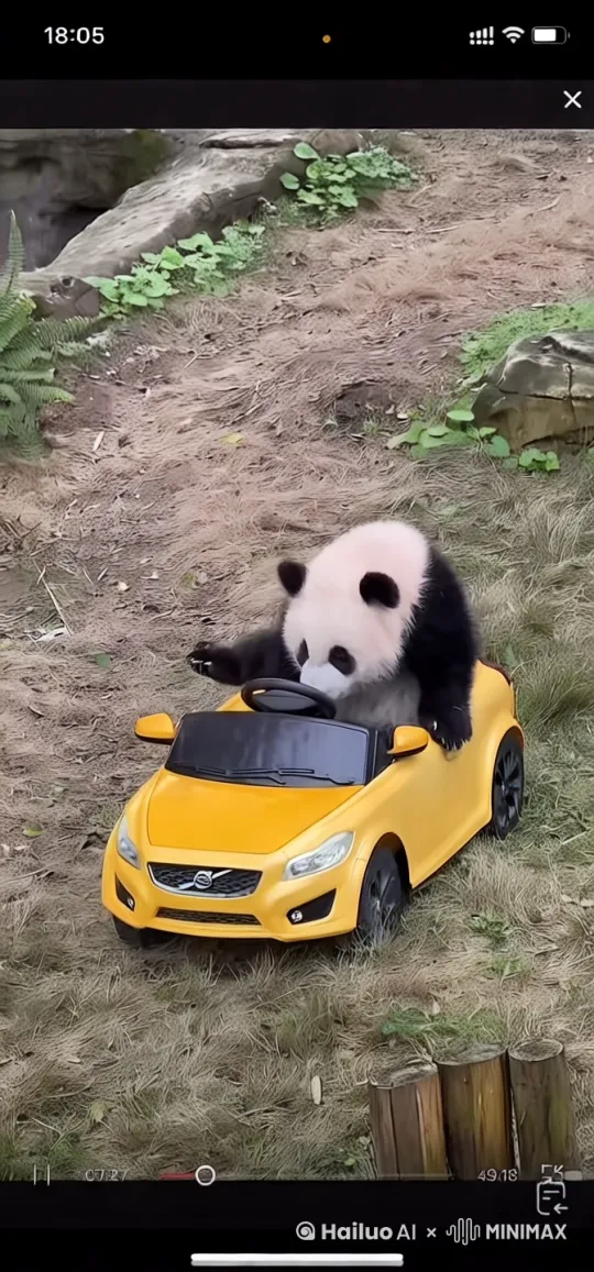 一只大熊猫正在驾驶一辆黄色的汽车。大熊猫坐在汽车的驾驶座上，双手放在方向盘上，似乎在模仿人类驾驶的动作。背景是一条有岩石和植被的小径，周围环境看起来像是自然栖息地或动物园的环境。 by Hailuo AI Video Generator