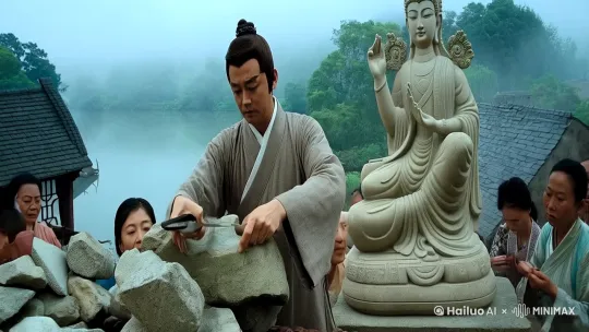 民间故事:石匠与神像
---
一、石匠的执念
江南有个临水而居的村落,村中有位名叫阿岩的石匠,以雕刻神像闻名。他有一双巧手,能将顽石琢成栩栩如生的菩萨,乡民皆言:“阿岩的佛像,能通天地灵气。”然而阿岩心中始终藏着一桩憾事——他耗时三年雕刻的观音像,总在点睛时崩裂。村中老人摇头叹道:“石匠的心不净,菩萨便不愿住进这石身。”
这日,一位云游道士路过村庄,见阿岩对着一堆碎石长吁短叹,便递上一块青玉道:“此乃昆仑山巅的‘道心石’,若你能以‘惟精惟一’之功刻成神像,便能见人间真道。”言罢飘然而去。
---
二、人心的暗涌
阿岩闭门雕玉,却不知村中已生风波。里正之子赵三觊觎玉石,趁夜潜入作坊,将青玉换作寻常白石。次日阿岩抚石落刀,竟觉石质绵软如絮,刻痕深浅难控。他冷汗涔涔,忽闻窗外窃语:“都说石匠偷了道心石!这等贪心之人,菩萨怎会显灵?”
流言如野火蔓延。昔日求像的香客砸碎门匾,孩童朝作坊掷泥巴,连定亲的姑娘也退了婚书。阿岩攥着刻刀的手不住颤抖,石屑混着血珠滴落案台。道士的告诫在耳畔回响:“人心如风涛,道心似苇草,惟精诚者可执中。”
---
三、刀锋上的顿悟
月夜,阿岩独坐溪畔,望着水中残破的倒影怔忡。忽见一尾银鱼逆流跃出水面,鳞片在月光下流转微芒,竟与青玉光华无异。他蓦然惊觉:赵三调包的白石中,分明嵌着几粒昆仑玉屑!
狂奔回作坊,阿岩将白石碾成粉末,混入松胶重塑玉胎。七日七夜不眠不休,刻刀在掌心磨出血茧,他却恍若未觉。当最后一刀落下时,晨曦穿透窗棂,玉观音双眸流转慈悲,石屑纷飞如散落星辰。
---
四、中道显真容
村民闻讯赶来,却见阿岩含笑端坐蒲团,怀中抱着裂成两半的玉像。赵三瘫倒在地哭嚎:“我换了玉石害你,为何不揭发?”阿岩轻抚残像道:“石碎方见玉芯——人心危殆时,道心正在裂痕中生。”
三日后,道士再度现身,指着玉像裂隙中渗出的清泉叹道:“此乃‘允执厥中’之相!你未执着完璧之形,反在残缺处雕出活水,这才是天地间至精至一之道。”泉眼渐扩成潭,竟治愈了村中疫病。乡民羞愧跪拜,阿岩却携半尊残像归隐山林,唯留潭边碑文刻着十六字真言。
--- by Hailuo AI Video Generator
