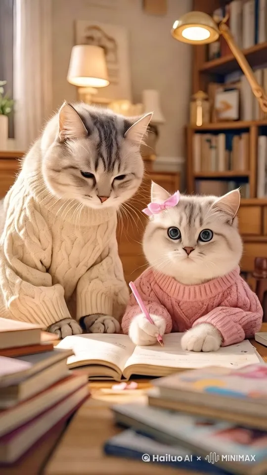 固定镜头，猫宝宝在认真的写作业，猫妈妈在旁边指着书上的字，对猫宝宝说话，辅导猫宝宝写作业。 by Hailuo AI Video Generator