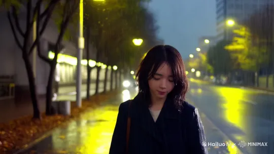 “雨夜街道，暖黄路灯，女孩低头独自行走，落叶被风吹起，镜头从背后缓慢推进，电影感灰调”  王家卫电影色调
“匹配悲伤文案：失去、回忆、孤独”
 by Hailuo AI Video Generator