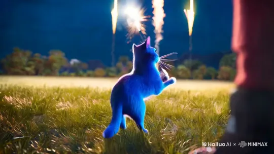 一只蓝色的猫在玩烟花，烟花飞到他的脚上爆炸了。 by Hailuo AI Video Generator