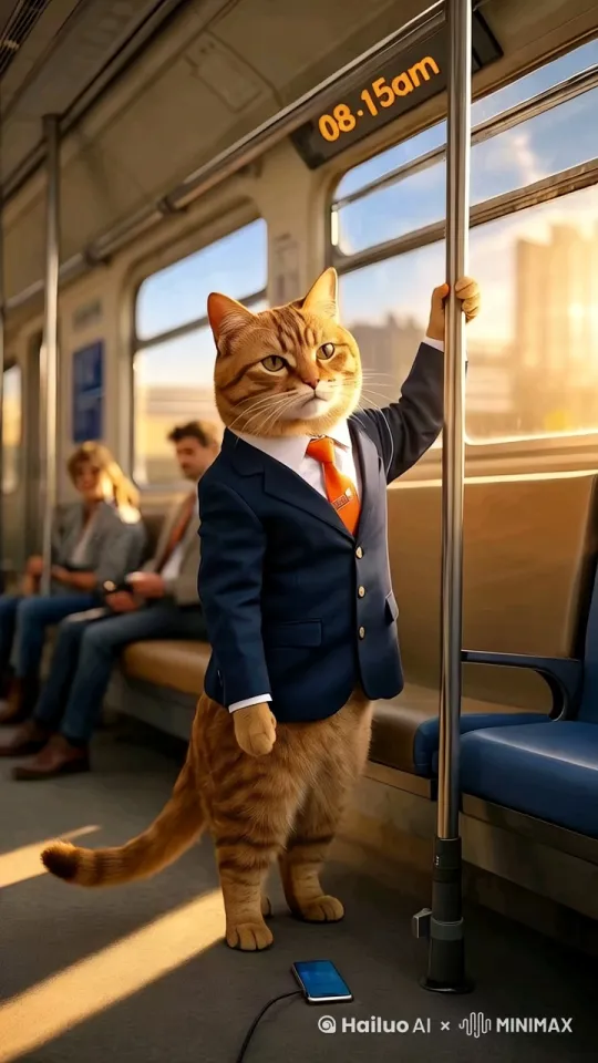 橘猫做公交车去上班 by Hailuo AI Video Generator