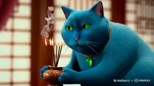 一只蓝色的肥猫脖子上挂着一颗绿色宝石，然后手里抱着一个香炉，上面插了三根香 by Hailuo AI Video Generator