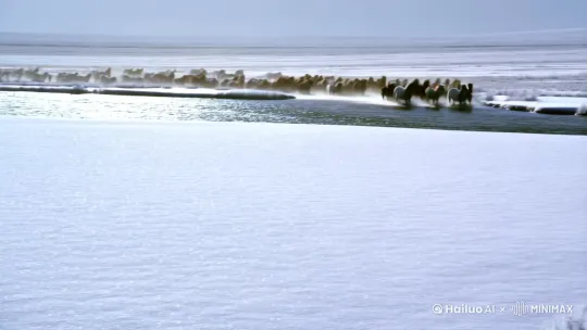 ,右摇,跟随][右摇,变焦推进]【拉近镜头跟随】雪地中间一条大河，河两边是雾凇！河水中几十匹黑色的，白色的，枣红色的健壮的马向镜头奔跑，马蹄溅起水花 雪地中间一条大河，河两边是雾凇！河水中几十匹马 创意描述 [左移,右摇,跟随][右摇,变焦推进][雪地中间一条大河，河两边是雾凇！河水中几十匹马奔跑，马蹄溅起水花 T2V-01-Director 启用优化 复制提示词 by Hailuo AI Video Generator