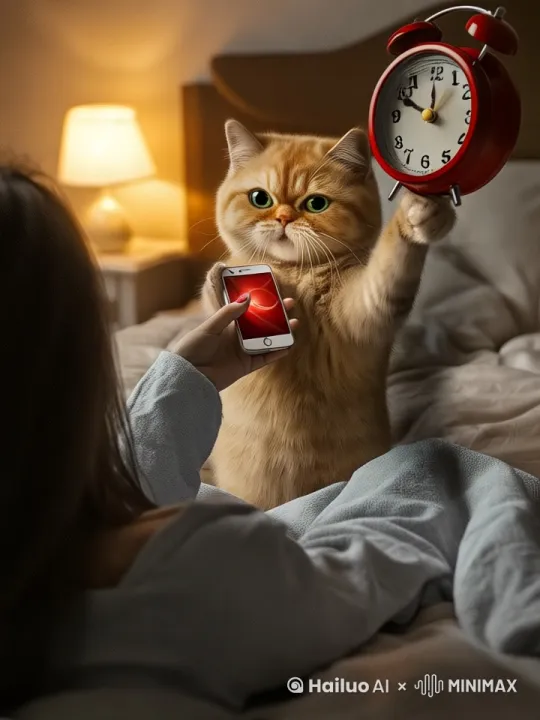 画面中的小猫表情很滑稽，并且吐了吐舌头，小猫把女士手中的手机拿走，同时把右手中的红色闹钟往身后一扔，闹钟刚好砸到床左边的台灯上，台灯熄灭，失去了光源，画面变地黑暗 by Hailuo AI Video Generator