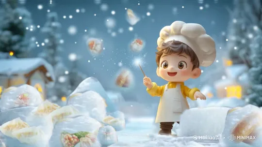 A cute little boy with a magic wand in his hand is changing food, dumplings, buns, and other foods by Hailuo AI Video Generator