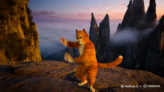 一只橘猫（拟人化），在华山之巅练武，三百六十度旋转，手舞足蹈 by Hailuo AI Video Generator