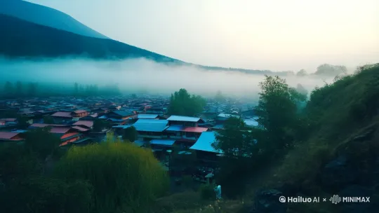 晨雾笼罩的云南边陲小镇，银杏村与火山公园的画面，镜头推进到市集摊位前火焰升腾的烧肉过程，木炭火星飞溅。 by Hailuo AI Video Generator