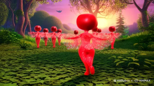 在小枸杞穿着红舞鞋，带领着其他枸杞精灵翩翩起舞，直到黎明才变回普通的枸杞。  根据此文字生成卡通图片。画面舒适。 by Hailuo AI Video Generator