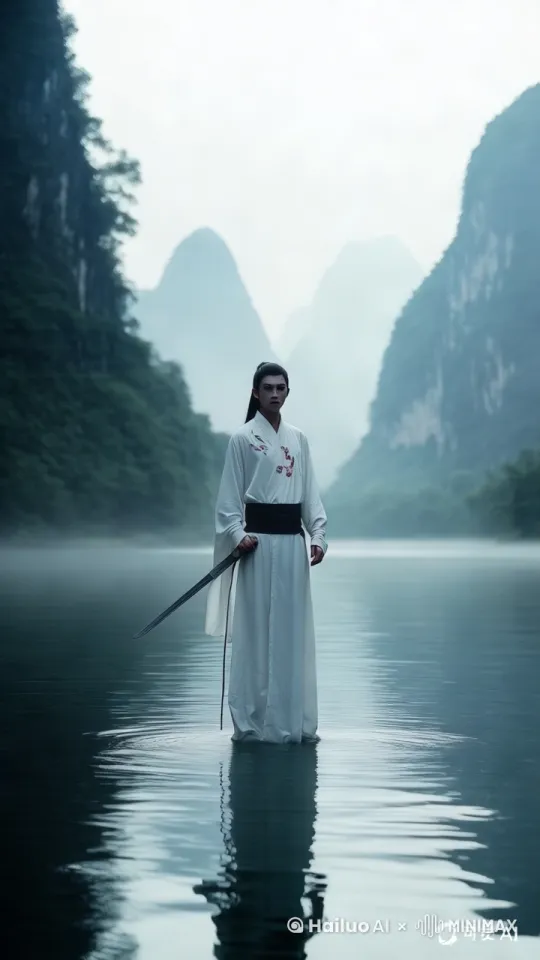 图中人物于水面之上挥舞长剑，展示绝世物攻，此时，水面激起巨大浪花，最终转身收尾。镜头[拉远]。 by Hailuo AI Video Generator