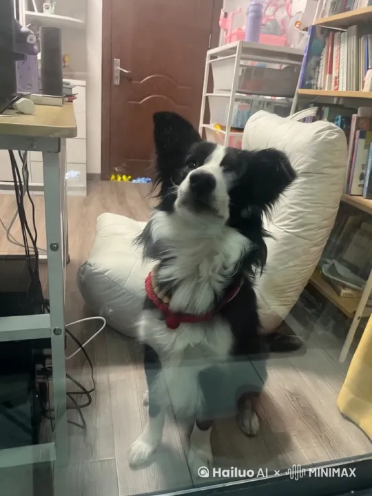 我在健身 狗狗想要来捣乱 但是我关上了阳台的玻璃门 把她当在外面 它通过玻璃门想我卖萌撒娇 by Hailuo AI Video Generator
