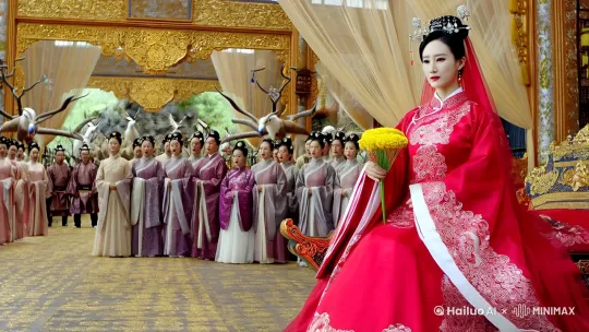 女子古风汉服，红色嫁衣，白色内衬，精致花纹 ，古典发饰， 黄花枝，室内布景，纱质窗帘 ，温婉气质。
那是金银砌墙，璎珞铺路，更有梅鹿迎客，群鹰候驾，群臣会个个抵在公主的轿帘前头，凝神肃颜齐呼。 by Hailuo AI Video Generator