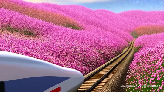 固定镜头，宫崎骏插画风格的场景，在一片粉红色的花海中，远远的一辆高铁驶过，又驶出画面，天空中飘起一些花瓣 by Hailuo AI Video Generator