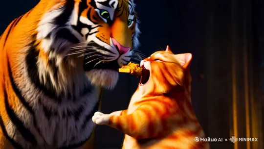 老虎拿着勺子喂胖橘猫吃，胖橘猫张大嘴巴的吃，开心地吃着麻辣豆腐，脸上露出满足的神情，画面渐暗。 by Hailuo AI Video Generator