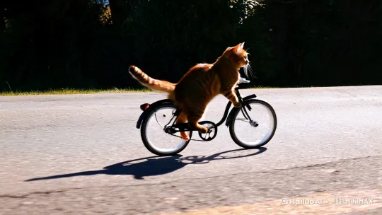 在公路上一只骑着自行车的猫，[右移,左摇,跟随] by Hailuo AI Video Generator