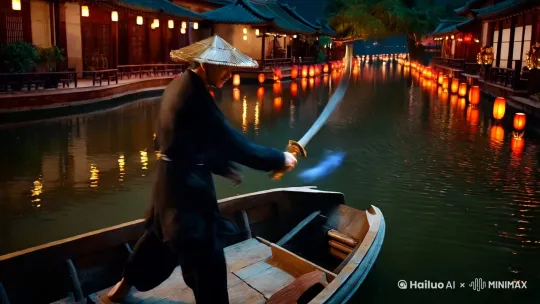 一个带刀男人，身穿黑色侠客服装，带着编织斗笠，站在一艘小船上挥舞刀，刀上挥洒出水墨特效，突然一只小猫跳到了刀尖上停住，男人舞蹈顿时停住，小猫在刀尖上舔毛，然后跟男人大眼瞪小眼，武侠风，晚上，江南水乡，水面有漂浮的灯，周围是节日的气氛。 by Hailuo AI Video Generator