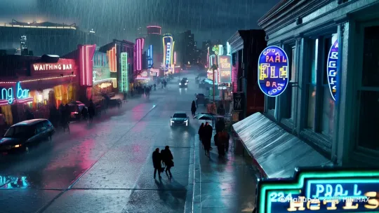 **开场镜头（0:00-0:05）** *远景·慢推镜头·雨夜* 画面从高空俯瞰霓虹交错的热闹末世风格破旧街区[下降]，雨水在镜头上划过。 各种颜色的招牌（“wating bar”“丽晶大酒店”）闪烁各种灯光，[推进]远处一辆24款凯迪拉克CT5慢慢驶来。人们撑着黑伞走在路上，车辆慢慢行驶过人群[跟随]，雨点击打地面的声音渐强 by Hailuo AI Video Generator