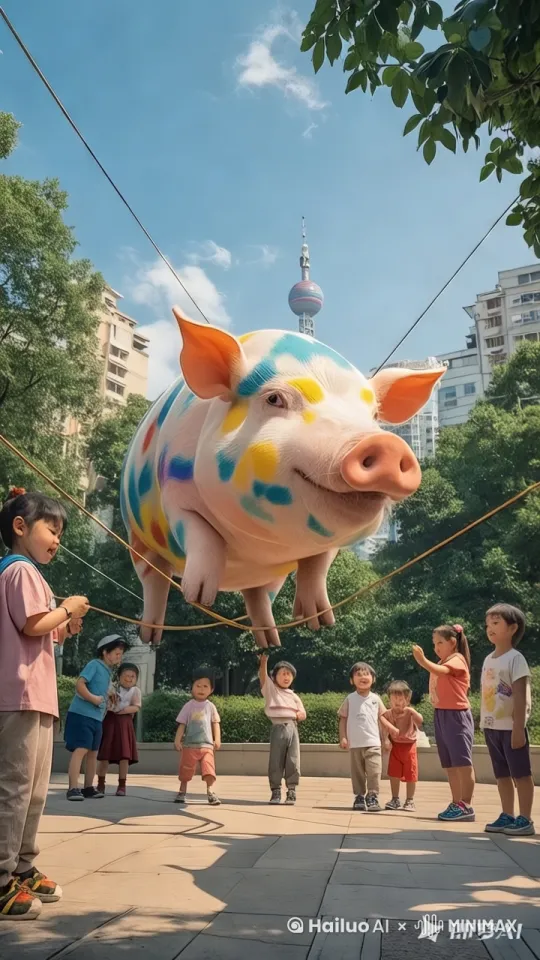 镜头移动，动态跟随，猪在绳子上花式跳舞，转圈，抬腿 仰头，前空翻，前腿与后腿衔接顺畅，上蹿下跳，孩子们欢呼雀跃 by Hailuo AI Video Generator