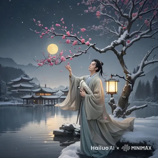 微风吹过，梅花飘落，书生抬头，缓缓伸手触摸梅花，水纹荡漾，月亮慢慢升起。 by Hailuo AI Video Generator