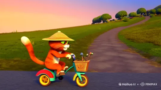 【场景：晨光微露的乡间小路】  
（橘猫大福头戴草帽，前爪扶车把，后爪猛蹬儿童三轮车，车筐里渔具叮当响，尾巴缠着备用鱼竿晃悠）  
**大福**：（哼跑调儿歌）今天不吃小鱼干，本喵要钓大——螃——蟹——（三轮车压到石子，整只猫弹起半米高）喵嗷！导航骗我说直行就到！  

【场景：河边歪脖子柳树下】  
（大福把自行车锁在芦苇丛，煞有介事甩竿，浮漂纹丝不动）  
**大福**：（掏怀表看时间）鱼饲料厂绝对偷工减料！（突然猛拉鱼竿）来啦来啦！  
（钓上来一只挂满水草的破胶鞋，三只小虾米正从鞋洞往外蹦）  
**围观青蛙**：（捂肚皮）呱哈哈哈哈！  

【场景：夕阳西下】  
（自行车后座绑着水桶，大福边骑车边回头数战利品）  
**大福**：1条泥鳅、2只河蚌、3个嘲笑我的田螺...（车轮轧过土坑，水桶翻进草丛）  
（浑身湿透的大福从芦苇丛钻出，头顶趴着条疯狂甩尾的锦鲤）  
**锦鲤**：（吐泡泡）许愿请按1，吐槽请挂机~  
（儿童三轮车载着鱼影远去，车铃与猫叫惊飞满天晚霞）  

注：全程穿插猫咪用尾巴当刹车、偷吃鱼饵被钩住胡子、和鹭鸶比赛打水漂等彩蛋情节~ by Hailuo AI Video Generator