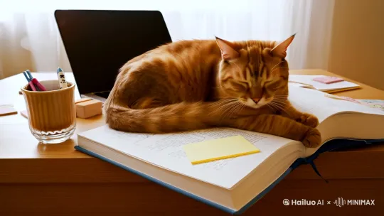 场景布置(分镜参考)
● 主画面:猫咪蜷缩在打开的笔记本与专业书籍堆旁(可参考 4 中孩子写作业时猫咪睡觉的构图),书本摊开露出手写批注和荧光笔标记,营造「真实学习痕迹」。
● 细节道具:
● 桌角放半杯咖啡/茶(热气升腾增强氛围感)
● 猫咪爪子搭在便签纸上(参考 9 猫爪轻拍的动作设计互动感)
● 用DIY猫咪主题书签(呼应 6 7 手工元素)
2. 行为设计
● 猫咪:
● 闭眼打呼噜时胡须微颤特写(参考 2 警觉性高的反差萌)
● 中途伸懒腰踩到笔筒/橡皮(制造意外笑点 3 )
● 人类:
● 手写笔记时轻挠猫耳(互动温馨感 8 )
● 翻书声与猫咪呼噜声混录(ASMR效果 10 )
3. 流量密码设计
● 封面:猫咪头枕在「Deadline」字样的笔记本上(冲突感标题)
● 标签:#猫咪监工 #学习型治愈 #书桌美学 #反内卷伴侣
● BGM:轻爵士钢琴曲+环境白噪音(符合 10 沉浸式趋势) by Hailuo AI Video Generator