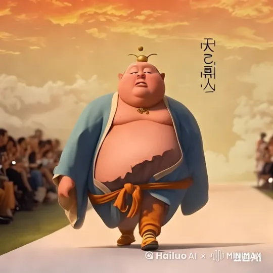 图中太乙真人背后斜插着佛尘在走米兰T台，迈着不可一世的步伐，样子贱贱的，聚光灯跟随，镜头拉远! by Hailuo AI Video Generator