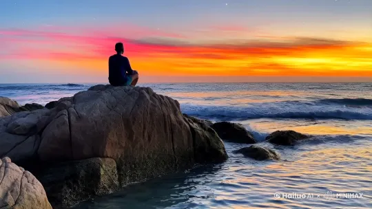 坐在海边岩石上，看日落，看海浪，看星辰 by Hailuo AI Video Generator