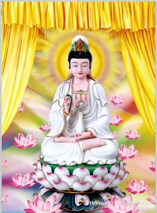 让图片里的观音菩萨站起来，然后面部放大特显，开始微笑并点头。 by Hailuo AI Video Generator