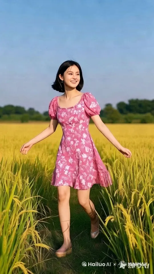 快速高空跟踪镜头移动，无人机视角，一个超现实的高速梦境序列，相机紧密跟踪，相机从略高位置的俯视角度紧密跟踪，从左后方向右后方移动，随着角色迅速穿越场景，环境是动态的，快速变化。美女像仙女一样飞向空中，轻松地在空中滑行，双臂向两侧展开，头部向前，捕捉平滑水平飞行的感觉，头发、衣服随风摇摆。下面有田野和自然景观，运动模糊和光记增强了速度感和流畅性,快速移动 by Hailuo AI Video Generator