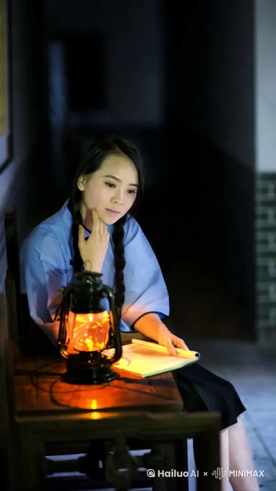 女子读书后放下书本[下降][变焦推进]女子深思 by Hailuo AI Video Generator